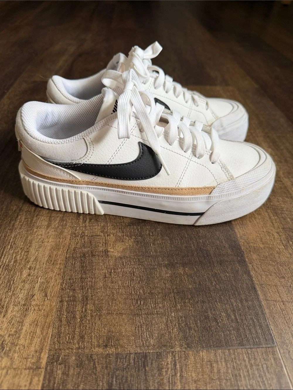 Nike Court Legacy Lift Sneakers in White with Black Swoosh and Tan Accent